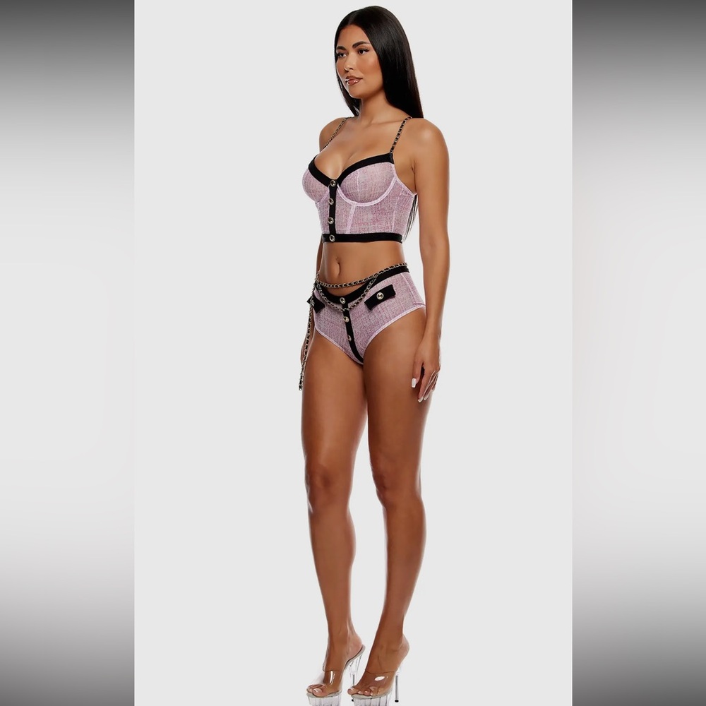 Classy Pink and Black Chain Lingerie 3pc Set - Picture 3 of 9